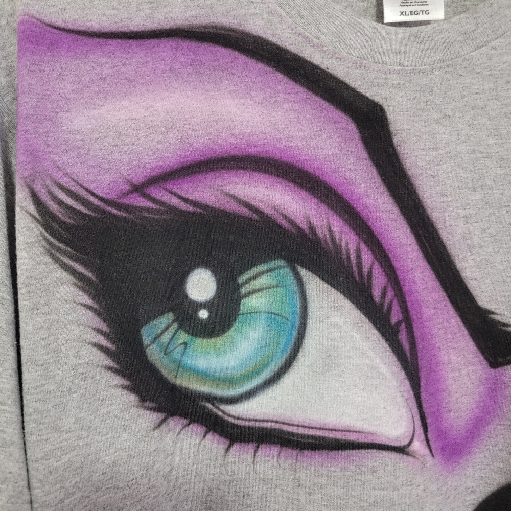 Fruit of the Loom Hampton Beach Airbrush Eye Makeup Heather Grey Gray Purple Tee - Picture 5 of 11